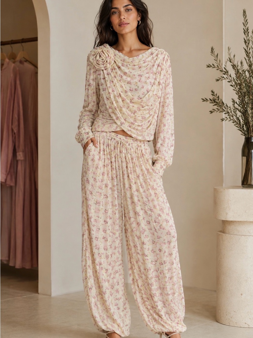 Women's Floral Drawstring Pants & Top Set - Cream with Pink Floral